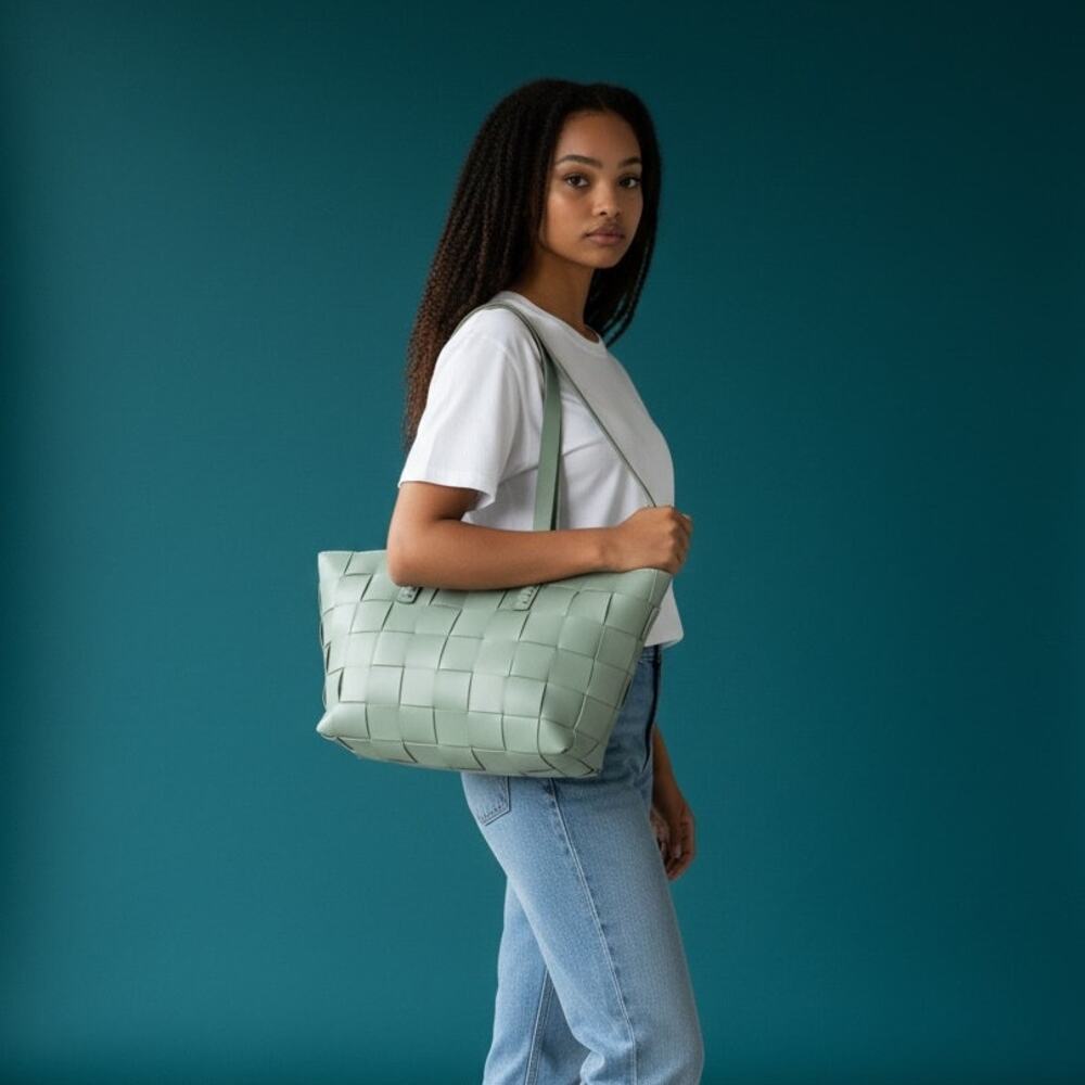 Corello tote leather bag sage green woven design top handle shoulder straps NWT